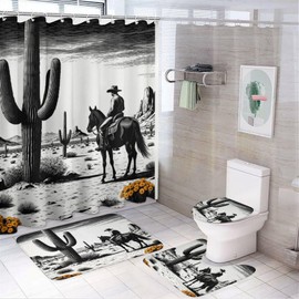 4PCS Classic Desert Cowboy Cactus Mountain Flower Shower Curtain Set 72W X 72L, Rustic Horses Black Print Bathroom Decor, Toilet Lid Cover Non-Slip Rugs and U-Shaped Mat Set 12 Hooks