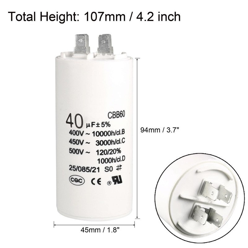 uxcell CBB60 Run Capacitor 40uF 450V AC Double Insert 50/60Hz
