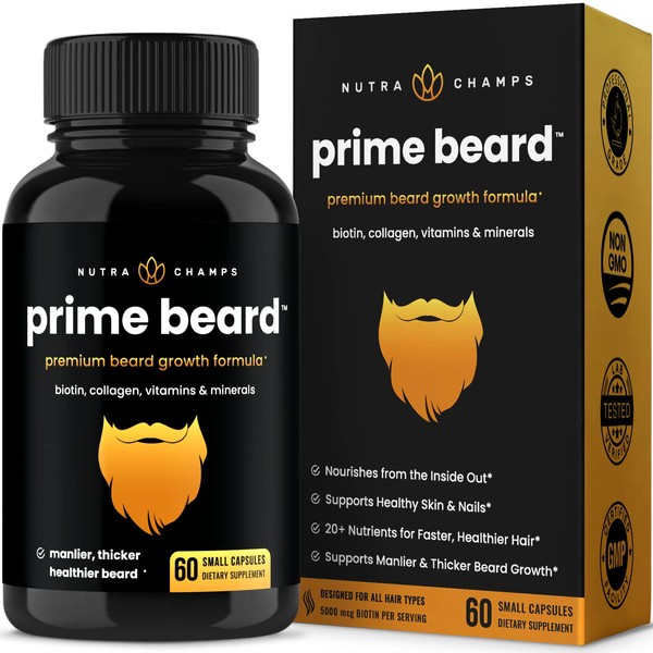 Prime Beard Growth Vitamins | Manlier, Thicker, Faster & Healthier Facial Hair Growth for Men | Beard Vitamins with Biotin, Collagen & Saw Palmetto | Beard Growth Pills for All Hair & Beard Types