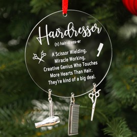 Syhood Hairstylist Christmas Ornaments Acrylic Hairdresser Hanging Ornament with Pendents and Bag for Christmas Tree Hairdresser Gifts for Women Men Salon Decor for Hair Stylist