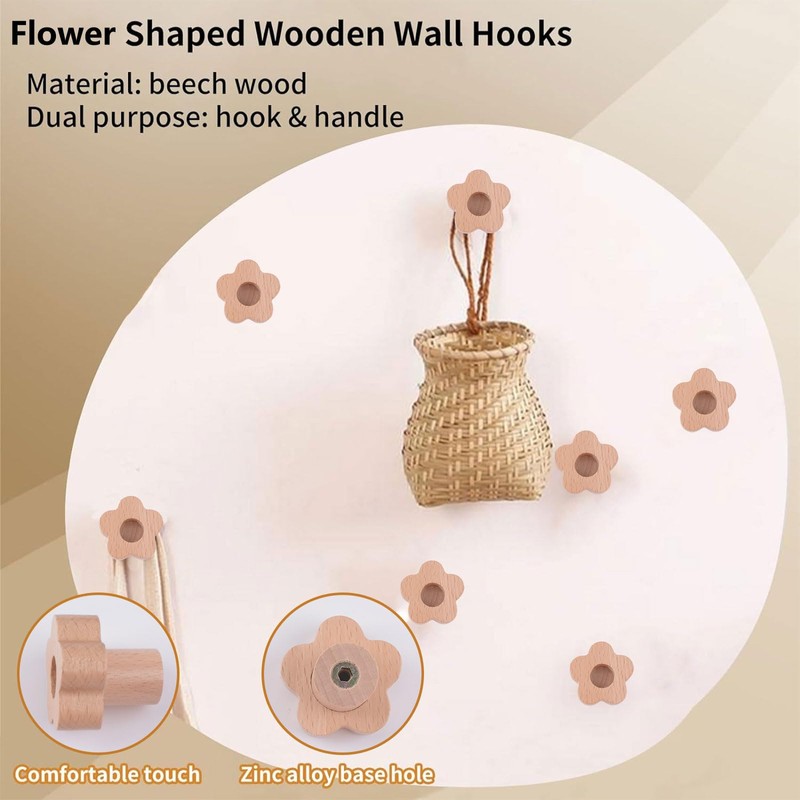 MOROBOR 6 x Wooden Flower Shaped Cabinet Knobs Handmade with