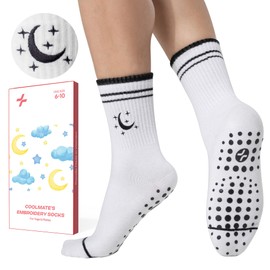 COOLMATE Embroidered Pilates Grip Sock for Women, Cute Grippy Barre Yoga Sock, Non Slip Crew Pilates Socks Gift Idea, Moon Star White, 6-10