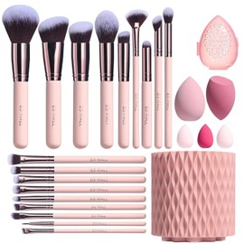 BS-MALL BS-MALL Makeup Brushes Premium Synthetic Foundation Powder Concealers Eye Shadows 18 Pcs Brush Set with 5 sponge & Holder Sponge Case (A-Pink)
