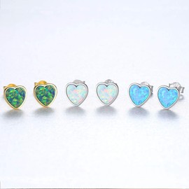 Bellitia Jewelry Women's Opal Earrings, Heart Shape, Cute, White, Blue, Green, October, Birthstone Stud Earrings, Platinum Plated, Silver 925, Accessory, Sterling Silver
