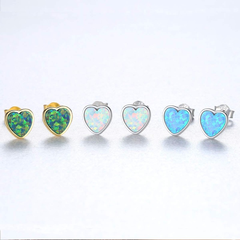 Bellitia Jewelry Women's Opal Earrings, Heart Shape, Cute, White, Blue,