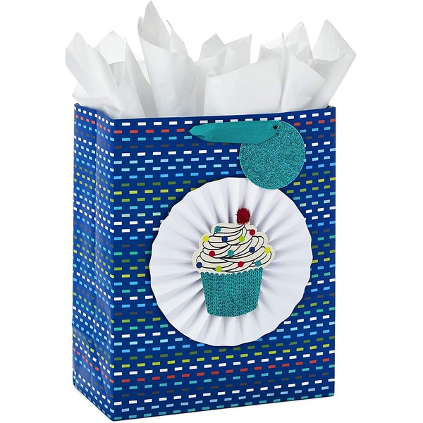 Hallmark 13" Large Gift Bag with Tissue Paper (Blue Cupcake) for Birthdays, Retirements or Any Celebration