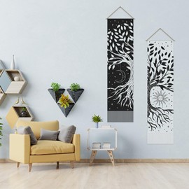 AHANDMAKER 2 Pcs Tree of Life Tapestry, Black and White Tapestries Sun Moon Star Tapestry Wall Hanging Goth Mystic Aesthetic Wall Tapestry for Living Room and Bedroom(51.18x12.99 inch)
