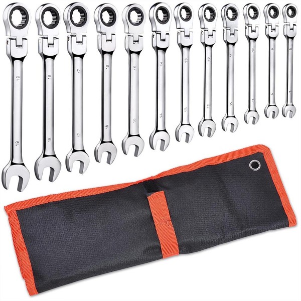 Yescom 12 Piece Flexible Ratchet Wrenches 8-19mm Spanner Gear Ring Flex-Head Ratcheting Set Chrome Steel Combination Ended Kit Home Car Repair Tools