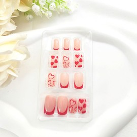 Valentine's Day Press on Nails Square Medium Fake Nails Red French Tip Glue on Nails Red Hearts Designs Nails Press ons Nude Full Cover False Nails Valentines Stick on Nails for Women 24Pcs