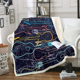 Guitar Warm Plush Blanket Rock Music Themed Fleece Throw Blanket Musical Galaxy Pattern Sherpa Blanket for Sofa Couch Kids Bedroom Decor Electric Guitar Instruments Fuzzy Blanket Throw 50"x60"