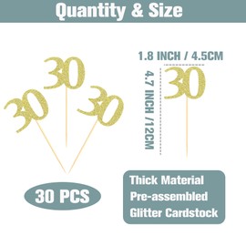 Sotpot 30PCS Gold Glitter 30th Birthday Cupcake Toppers Cheers to 30 Years Cupcake Picks for 30th Birthday Anniversary Party Decorations