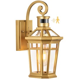 OPAXIS Motion Sensor Front Porch Light, Gold Outdoor Light Fixture Wall Mount, Outdoor Wall Lantern Sconce Light with Beveled Glass, Waterproof Carriage Lights Exterior, Coach Lights for Garage, Patio