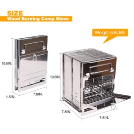 CAMPMAX Large Portable Folding Camping Wood Stove for Outdoor Cooking, Sturdy Lightweight 304 Stainless Steel Wood Burning Camp Stove with Grill for Backpacking BBQ Silver