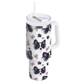ARGTILDN Papillon Dog Faces with Pink Bow 40 oz Tumbler with Handle Straw Lid | Insulated Cup Reusable Stainless Steel Water Bottle Travel Mug Cupholder Friendly | Gifts for Women Men Him Her | Trek