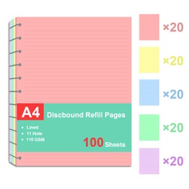 Letter Size Refills Paper, A4 Loose Leaf Paper for TUL Custom Note-Taking System Discbound Notebook Planner Inserts, 5 Colors(20 Sheets/C), Total 100 Sheets/200 Pages, College ruled, 8.5 X 11 Inch