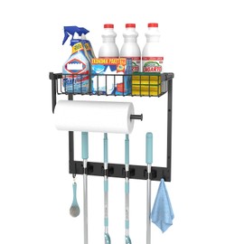 Broom Holder Wall Mount, Broom and Mop Organizer Wall Hanging with Paper Towel Holder & Removable Anti-fall Basket, Wall Mount Cleaning Supplies Organizer for Laundry Room, Apartment, Utility Room