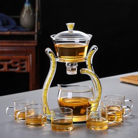 RORA Lazy Kungfu Glass Tea Set Semi Automatic Drip Rotating with Infuser Glass Teapot Set (6 cups)