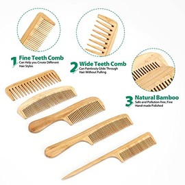 Juego de 5 peines antiestáticos de bambú naturales hechos a mano, dientes anchos, cola de rata y diente fino para desenredar cabello largo, corto, gru