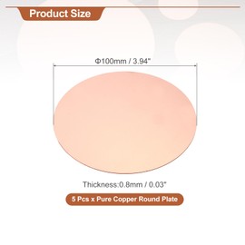 sourcing map 5 Pcs Round Copper Plate, 100mm (3.94") Dia 0.8mm(0.03") Thickness T2 Pure Copper Plates for Crafts, DIY, Electrical Repairs, Industrial Use