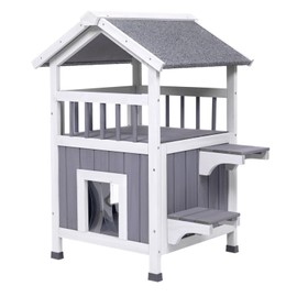 GEGURI Outdoor Cat House Weatherproof, Wooden Two-Story Feral Cat Shelter with, Escape Door, Balcony