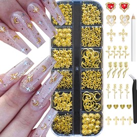 NOOEPC 3D Gold Nail Charms,Star Nail Charms for Nails Art, Nail Gems and Charms Y2K 3D Chrome Nail Decorations Nails Supplies Nail Accessories