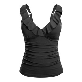 Black Women Ruffled Tankini Top Only - Tummy Control Swim Top V Neck Swimsuit Flounce Bathing Suit Top 2025 M