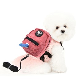 FLAdorepet Dog Backpack Harness with Leash, Dog Poop Bag Dispenser, Pet Self Carrier Adjustable Travel Hiking Walking Harness Backpack for Small Medium Dogs (L(Fit:10-15lb), Pink)