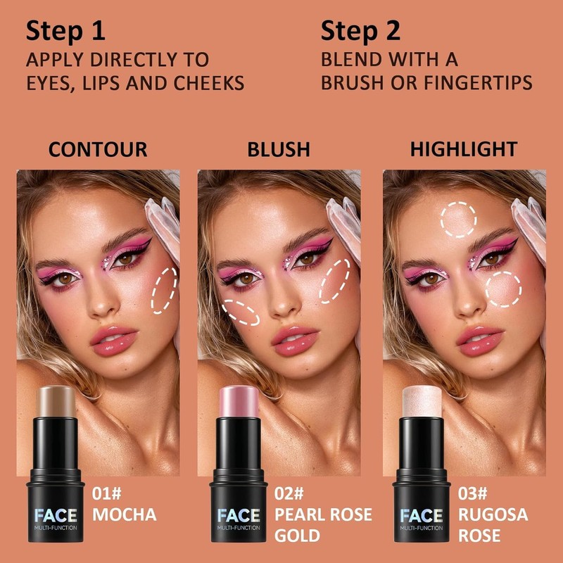3PCS Colorete En Crema Contour Stick Iluminador En Stick, Bronzer
