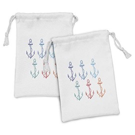 Ambesonne Nautical Fabric Pouch Set of 2, Colorful Anchors with Shapes Abstract Hand Drawn Marine Elements Maritime, Small Drawstring Bag for Toiletries Masks and Favors, 9" x 6", Multicolor