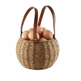 Farmhouse Egg Basket,Large Egg Collecting Basket with Handle,Round Wicker Egg Basket for Gathering and Carrying Fresh Eggs, Egg Holder for Kitchen Countertop,Picnic,Garden