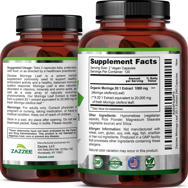 Zazzee USDA Organic Moringa Leaf 20:1 Extract, 240 Vegan Capsules