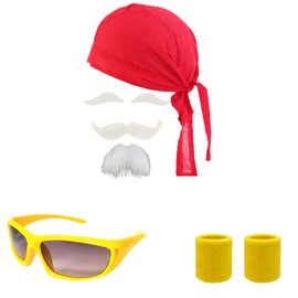 4 Pcse Hulk Hogan Costume Accessories Set, 1980s Wrestling Costume for Adults, Includes 1Yellow Sunglasses, 1Red Bandana, 1White Mustache, and 2 Yellow Wristbands