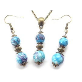 Bronze necklace and earrings set with blue and purple tinted white jade beads pendant and Tibetan beads
