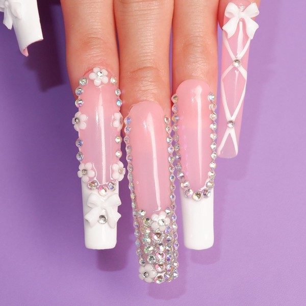 SLANGO 2" Press on Nails Set – Flower Pink Handmade