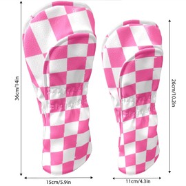 Golf Club Covers Pink Checkered Driver Headcover, Leather Golf Club Head Covers for Driver Fairway Woods Waterproof Golf Headcovers with Anti-Scratch Lining for Men Women