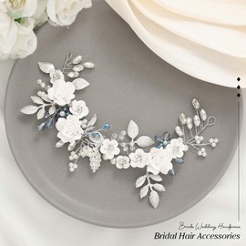 Unicra Flower Silver Bride Wedding Hair Pelo de vid Perla de novia, accesorios para el cabello con diamantes de imitación azules, diadema de hojas para mujeres y niñas (plata), Metal Cristal Perla