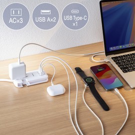 Sanwa Supply TAP-MCU3W Retractable Mobile Tap (3 ACs, 1 Type-C, 2 USB-A, PD33W, White)