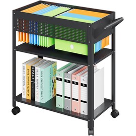 Rolling File Cart with Wheels Hanging Files,Rolling File Cabinet Organizer,Rolling Hanging File Folder Cart on Wheels,Metal Filing Cart,Fit A4/F4/Letter/Legal File for Home Office (Black Mesh)
