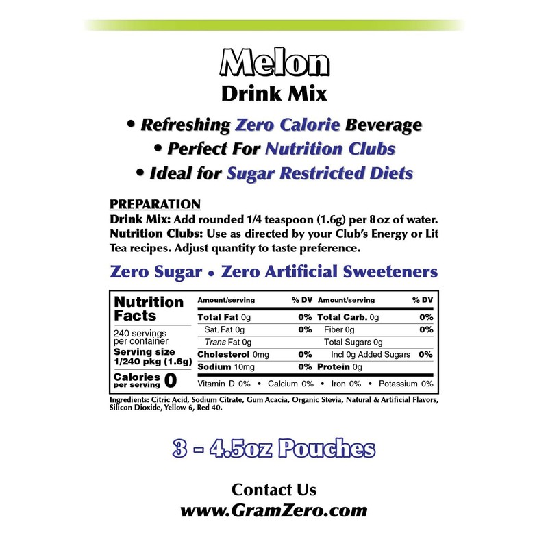 GramZero Melon Zero Calorie Sugar Free Drink Mix, Great For