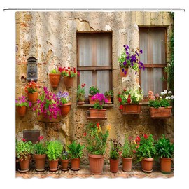 Italian Shower Curtain Greece Scene European Window Garden Christmas Italy Village Tuscany Farm Style Vintage Street Old Street Green Plants Mediterranean Bathroom Polyester Fabric Hooks 70X70 Inch