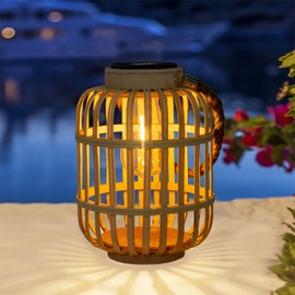 pearlstar Outdoor Solar Lanterns Light Rattan Natural Lantern with Handle for Hanging or Table Lamp for Patio Yard Garden Wedding Home Decoration, Edison Bulb, Auto on/Off (Style 4)