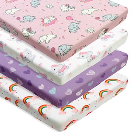 4 Pack Baby Girl Pack N Play Mini Crib Sheets Set Soft Fitted Elephant Theme Baby Girl Mattress Covers Breathable Toddler Bed Sheets for Infant or Newborn(Elephant, Pack N Play Mini Crib Sheets)