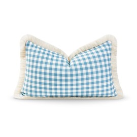 Hofdeco Premium Coastal Hampton Style Patio Indoor Outdoor Lumbar Pillow Cover Only, 12"x20" Water Resistant for Backyard, Couch, Baby Blue Gingham Fringe