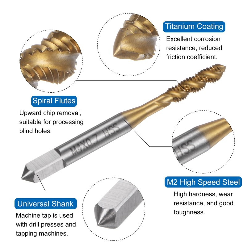 sourcing map 2pcs Spiral Flute Thread Taps, Metric M4 x