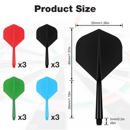 flintronic Integrated Dart Flights and Shafts, Pack of 12 Dart Flights with Shafts, for Darts with 2BA Thread, Soft Darts Accessories, Black/Red/Blue/Green (2BA)