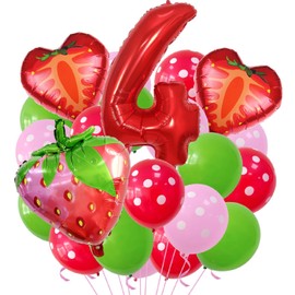 Strawberry Balloons Number 4 Balloons Polka-dot Latex Balloons for Girl Fruit 4th Birthday Party Decoration Supplie,Berry 4th Party Decor,Polka-dot Latex Mylar Red Number 4 Balloons Decor for Girls
