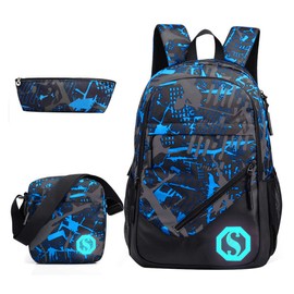 JiaYou Boy 20L Fashion School Bag Backpack with Florescent Mark 3 Sets/2 Sets(ColorF 3 Sets,20L)
