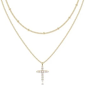 Luxury Hypoallergenic 18K Gold Plated Stainless Steel Double-Layer Micro Inlaid Zircon Cross Necklace with Adjustable ChainColor: Gold