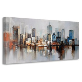 Arjun Brooklyn Bridge Wall Art Modern New York City Abstract Canvas Cityscape Painting Large Size Framed, Colorful NYC Skyline Textured Picture for Living Room Bedroom Home Office Wall Decor, 40"x20"