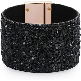 Bohemian Bangle Bracelet for Women black Wide Edge Bracelet Rhinestone Wide Bracelet for Teen Girls Wrap Cuff Bracelet (Black, One size)